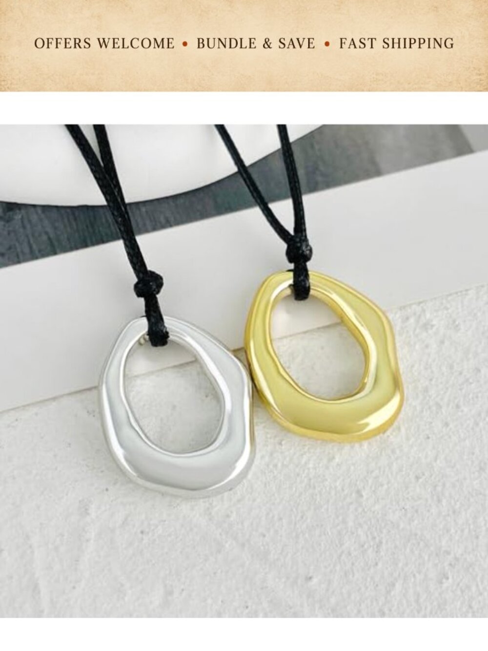 Chunky Round Pendant Choker Necklace Adjustable Wax Cord Boho Western - Picture 3 of 4
